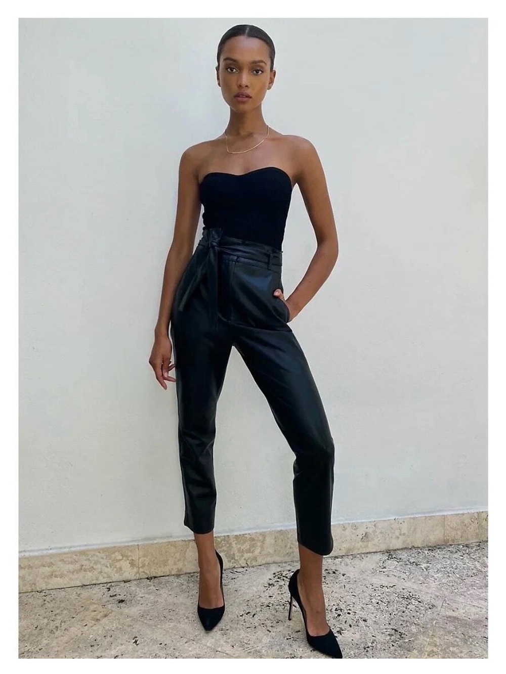 BABATON ARITZIA Faux Leather Belted Pants Womens 6 Black High Rise Slim Ankle
